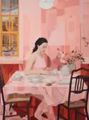 Illustratie van een vrouw die ontbijt aan tafel in een roze interieur, in jaren dertig stijl