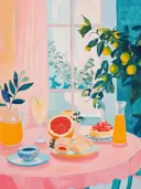 Schilderij van een ontbijttafel met sinaasappelsap en grapefruit bij een citroenboom.