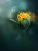 Close-up foto van een gele bloemknop tegen een donkergroene achtergrond.