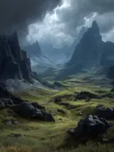Schilderij van een dramatische bergvallei met onweerswolken en groene begroeiing