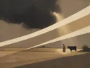 Schilderij van onweer boven het land in camel en ivoor