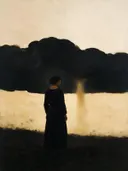 Schilderij van onweer boven het land in zwart en gebroken wit, in vlakke kleurvlakken