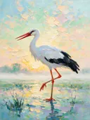 Ooievaar in diep het veld, schilderij van ooievaar