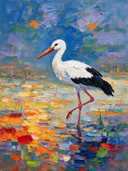 Ooievaar in het veld, schilderij van ooievaar