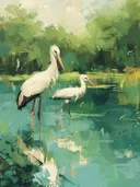 Schilderij van twee ooievaars die in ondiep water staan tussen groen riet.