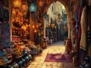 Schilderij van een bazaar met lantaarns, tapijten en aardewerk