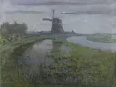 Oostzijdse molen aan het Gein bij maanlicht van Piet Mondriaan: landschap met molen, rivier, weiland en mist, in gedempt grijsgroen