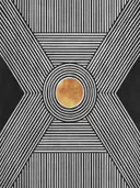 Zwart-wit op-art schilderij met X-vorm en gouden cirkel