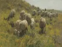 Op de duinen van Anton Mauve: landschap met schapen, duinen, kudde en gras, in gedempt groengeel