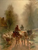 Op weg naar de markt van Constant Troyon: stad met schapen