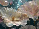 Schilderij van opaalkleurige lotusbloemen tegen een donkere achtergrond