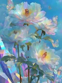 Schilderij van witte pioenrozen bij kristalformaties met vlinders