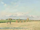 Open Fields with Haystacks near Pontoise van Camille Pissarro: landschap met velden, hooibergen, bomen en zomer, in licht geel en blauw