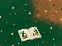 Schilderij van opengeslagen boek in dennengroen en klei, in vlakke kleurvlakken