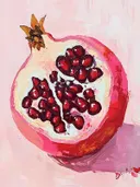 Schilderij van een opengesneden granaatappel met rode pitjes.