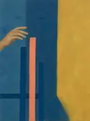 Schilderij van opgeheven hand in kobalt en oker, in vlakke kleurvlakken