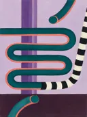 Opgestapelde bochten in diep petrol en koraal, schilderij van opgestapelde bochten