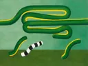 Schilderij van opgestapelde bochten in groen en geel, in vlakke kleurvlakken