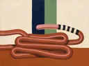 Schilderij van opgestapelde bochten in terracotta en roze, in vlakke kleurvlakken