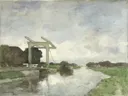 Ophaalbrug bij Noorden van Jan Hendrik Weissenbruch: landschap met ophaalbrug, vaart, weiland en water, in zacht groen en grijs