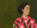Portret van een vrouw in olijf en roze, schilderij
