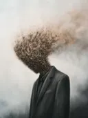 Surrealistisch schilderij van een man in pak met een hoofd dat oplost in wegwaaiend stof