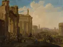 Optrekkende legergroep tussen Romeinse ruïnes van Jacob van der Ulft: stad met ruines, zuilen, soldaten en paarden, in licht okergeel met blauw