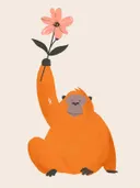 Illustratie van een orang-oetan die een roze bloem vasthoudt, kinderkamer schilderij