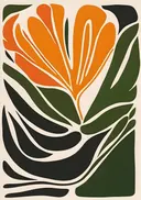 Abstract schilderij van een oranje bloem met donkergroene bladeren