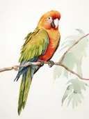 Kleurrijke ara papegaai op een tak met palmbladsilhouet achtergrond.
