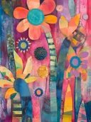 Abstract kunstwerk met een oranje bloem met turquoise kern tussen gestippelde cirkels op een felroze achtergrond