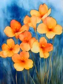Oranje en gele vijfbladige bloemen tegen een diepblauwe achtergrond met gras