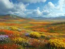 Schilderij van een vallei vol oranje en gele wilde bloemen