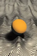 Abstract schilderij met een oranje bol op een zwart-wit golvend lijnenpatroon