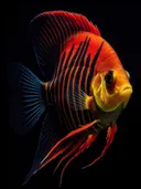 Oranje discusvis met blauwe staart