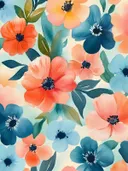 Decoratief patroon van oranje, koraal en blauwe bloemen met groene bladeren