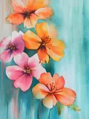 Aquarel van oranje, magenta en roze bloemen op een turquoise achtergrond