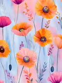 Aquarel van oranje en magenta papavers op een pastelkleurige roze en blauwe achtergrond