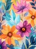 Aquarel van oranje en paarse margrieten met turquoise bladeren