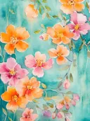Oranje en roze wilde rozen tegen een turquoise achtergrond