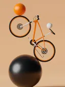 Oranje fiets tussen zwevende zwarte en witte bollen