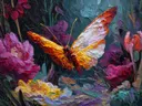 Schilderij van een oranje-paars gebande vlinder op een donkere bloemenachtergrond