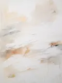 Abstract getextureerd schilderij met witte penseelstreken over oranje en zwarte ondergrond.