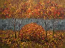 Oranje herfstboom in het veld, landschap schilderij