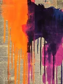 Abstract inktverloop van oranje naar donkerpaars over krantenpapier