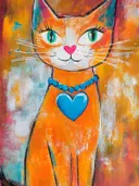 Oranje kat met een blauwe hartvormige hanger om de nek
