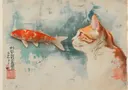 Illustratie van een oranje kat en een koivis tegenover elkaar op een teal achtergrond
