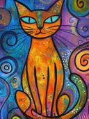 Pop-art schilderij van een oranje kat met blauwe ogen tegen een achtergrond vol kleurrijke swirls