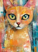 Schilderij van een oranje kat met groene ogen tegen een kleurrijke turquoise en roze achtergrond