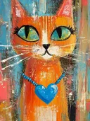 Oranje kat met groene ogen en een blauwe hartketting tegen een blauw-oranje achtergrond